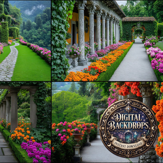 Baroque Garden Stone Columns floral digital photography backdrops, preview of the downloadable set