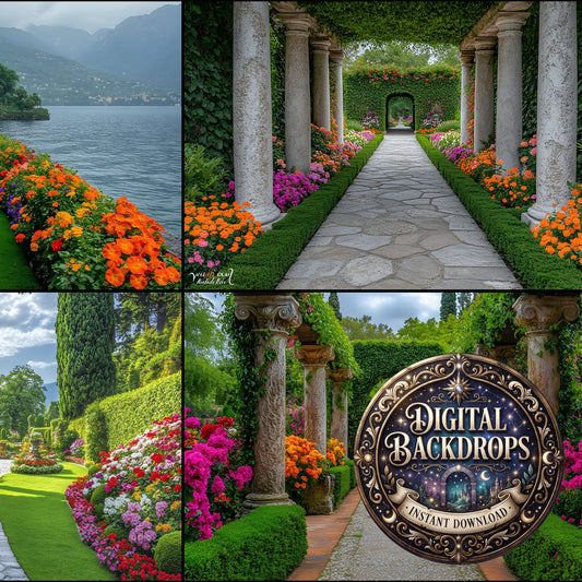 Baroque Garden Stone Columns floral digital photography backdrops, preview of the downloadable set