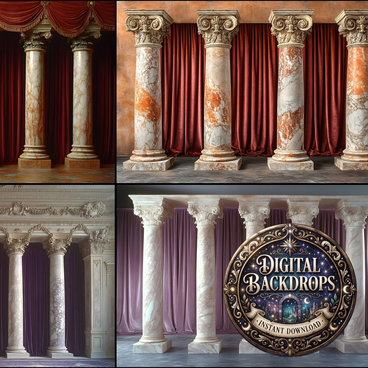 Baroque Marble Columns grunge digital photography backdrops, preview of the downloadable set