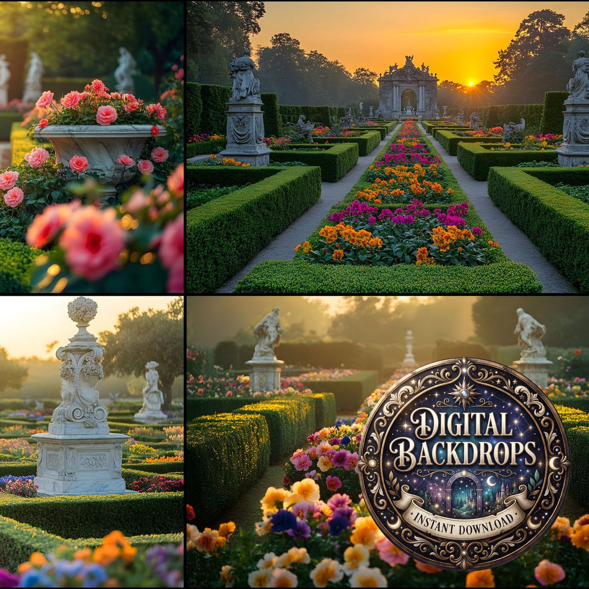 Baroque Symmetrical Hedge Garden floral digital photography backdrops, preview of the downloadable set