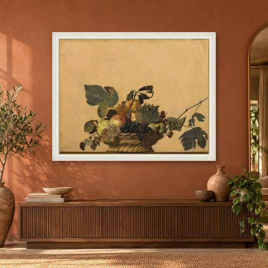 Basket of Fruit by Caravaggio — white frame, terracotta room with arched mirror mockup