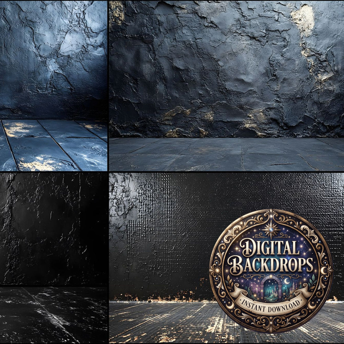 Black Textured grunge digital photography backdrops, preview of the downloadable set