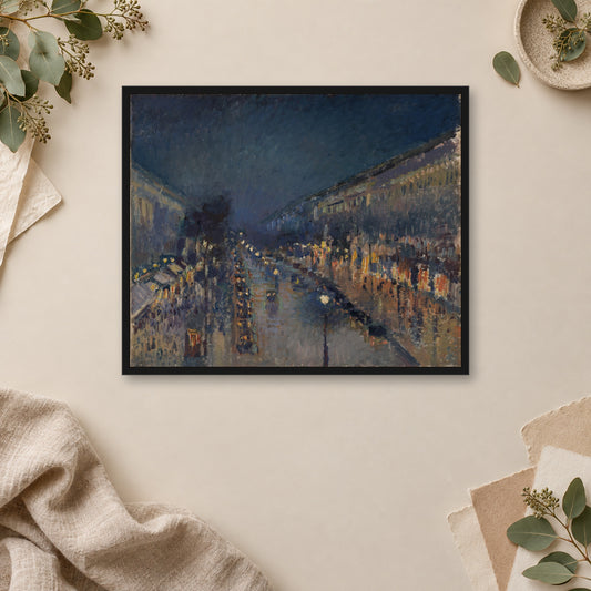 Boulevard Montmartre at Night by Camille Pissarro — framed room mockup
