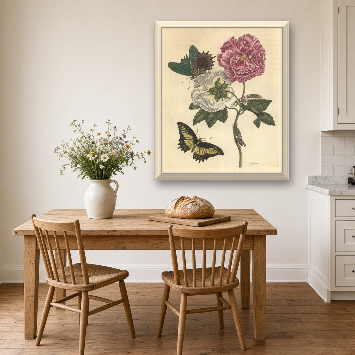 Cotton Rose with Butterflies, Plate 31 from Metamorphosis of the Insects of Surinam by Maria Sibylla Merian — framed art preview