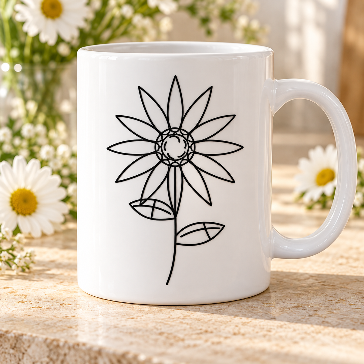 Daisy line drawing sublimated on a white ceramic mug