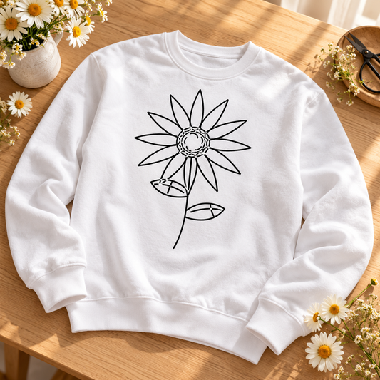 Daisy line drawing sublimated on a white cotton sweatshirt