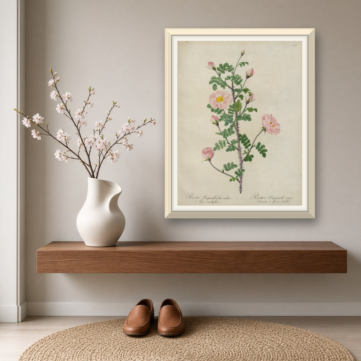 Double Red Burnet Rose (Rosa Pimpinellifolia Rubra), Plate 46 from Les Roses by Pierre-Joseph Redouté — framed art preview