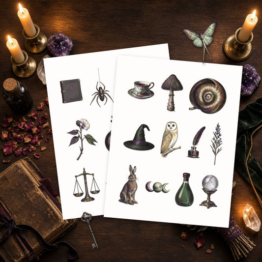 Vintage witchcraft ephemera printable mockup: two printed sheets of apothecary and occult illustrations among candles and old books