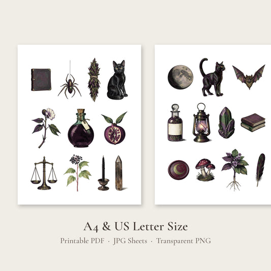 Vintage witchcraft printable pages 1 and 2 with spellbook, spider, black cat, potion bottle, moon and lantern illustrations