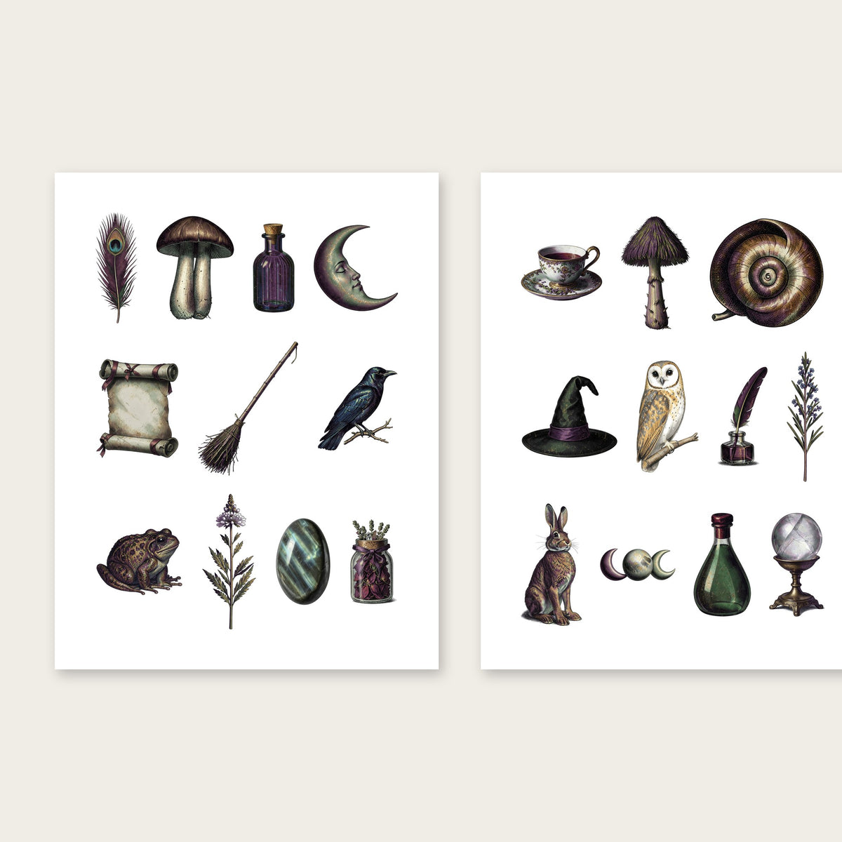Vintage witchcraft printable pages 3 and 4 with mushroom, broom, raven, witch hat, owl and crystal ball illustrations