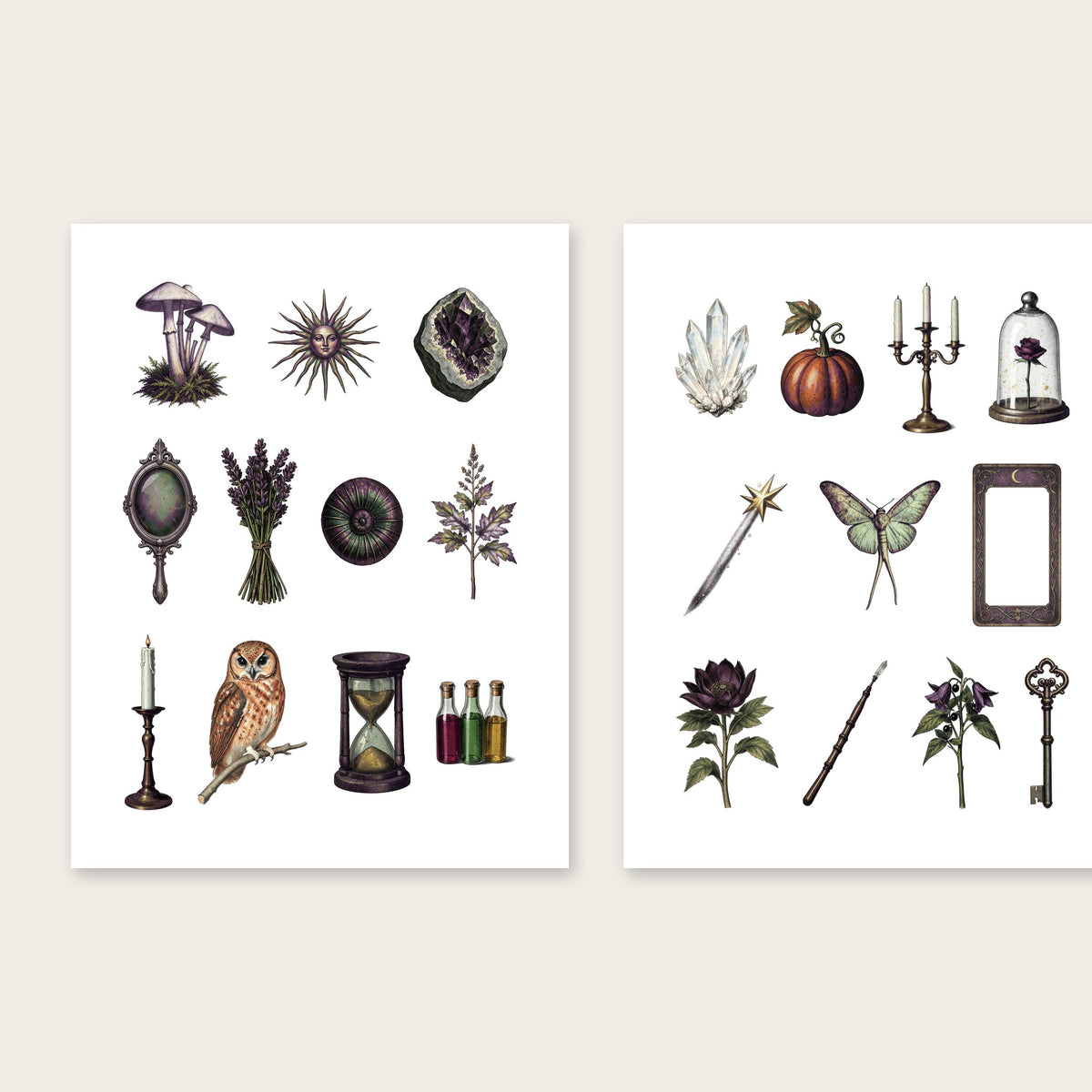 Vintage witchcraft printable pages 5 and 6 with crystal, hourglass, pumpkin, luna moth and skeleton key illustrations