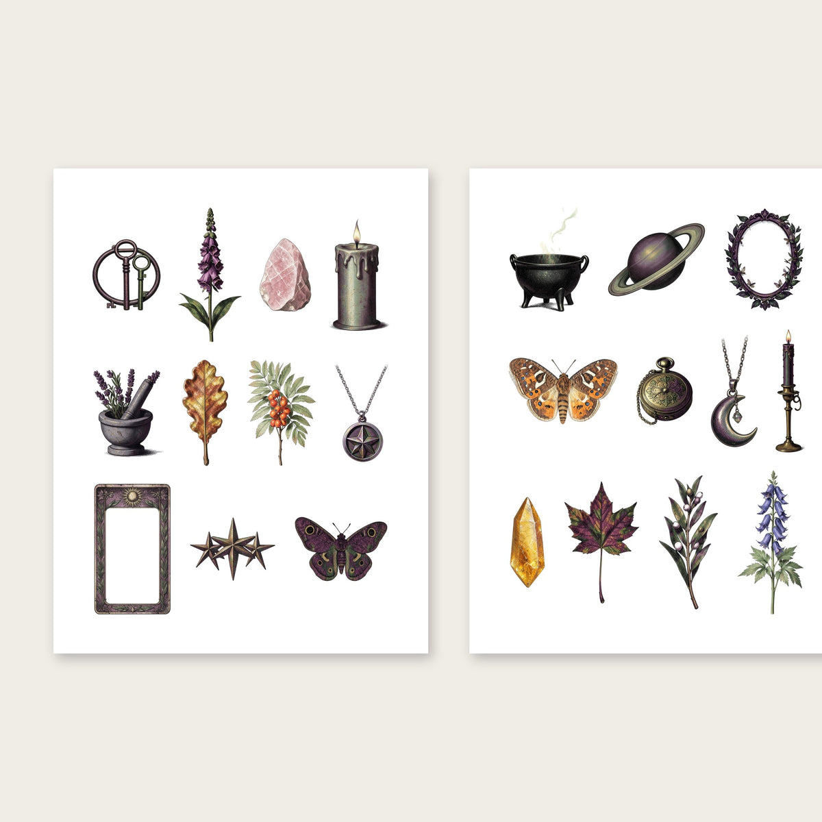 Vintage witchcraft printable pages 7 and 8 with tarot-style frames, mortar and pestle, cauldron, moth and planet illustrations