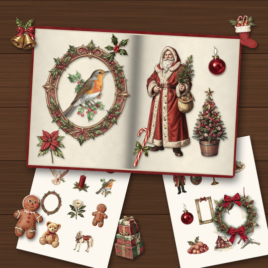 Vintage Christmas ephemera printable pieces laid out on an open junk journal and printed sheets on a wooden table