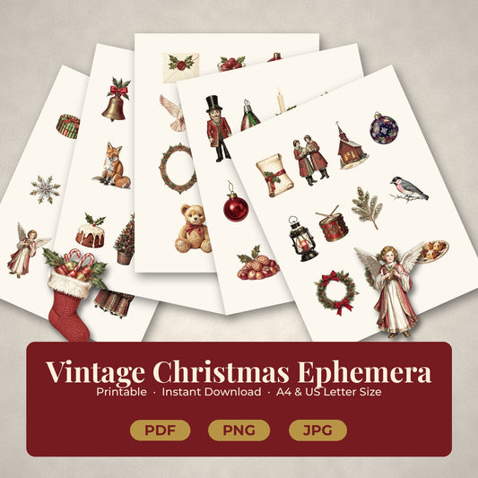 What's included in the Vintage Christmas ephemera pack: printable sheets and cut-out Victorian Christmas pieces
