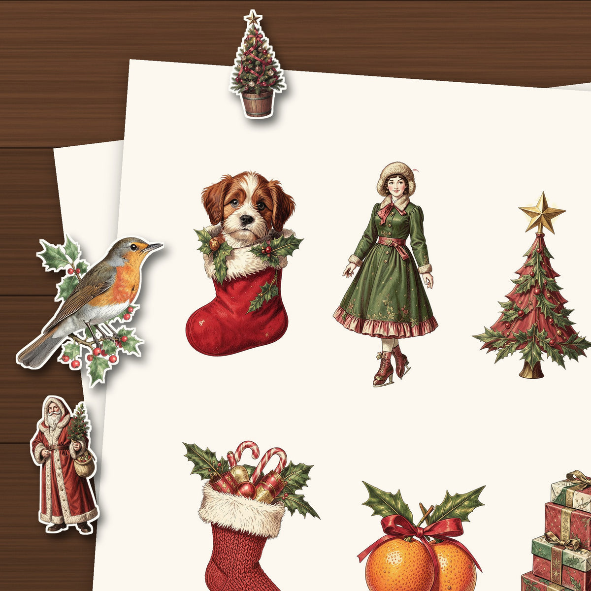 Close-up of Vintage Christmas ephemera pieces: Father Christmas, baubles, holly and gifts