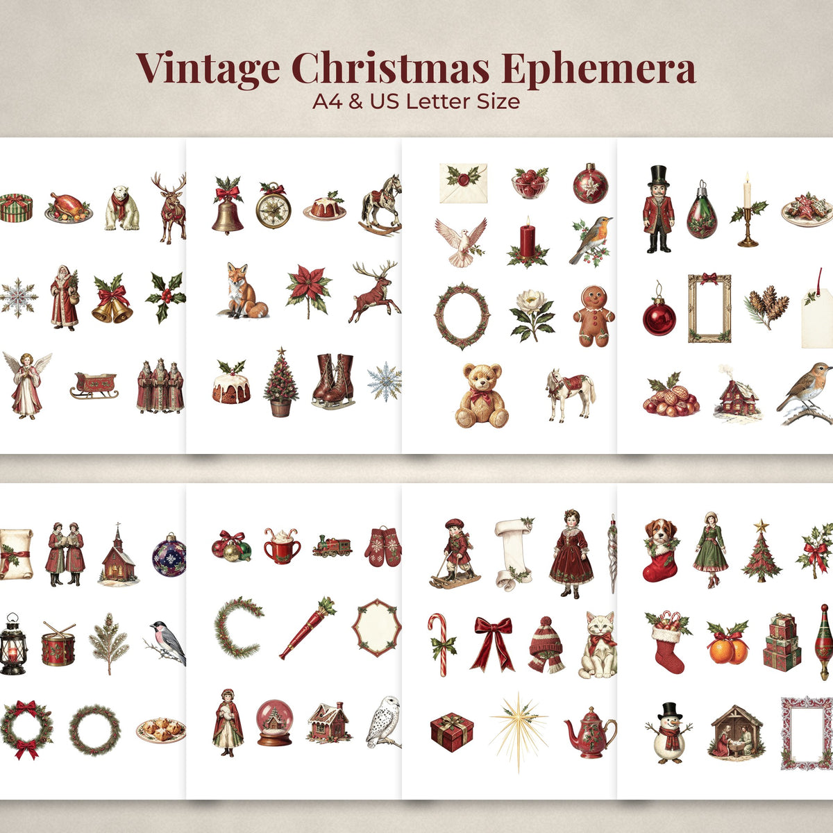 Overview of the Vintage Christmas printable ephemera sheets
