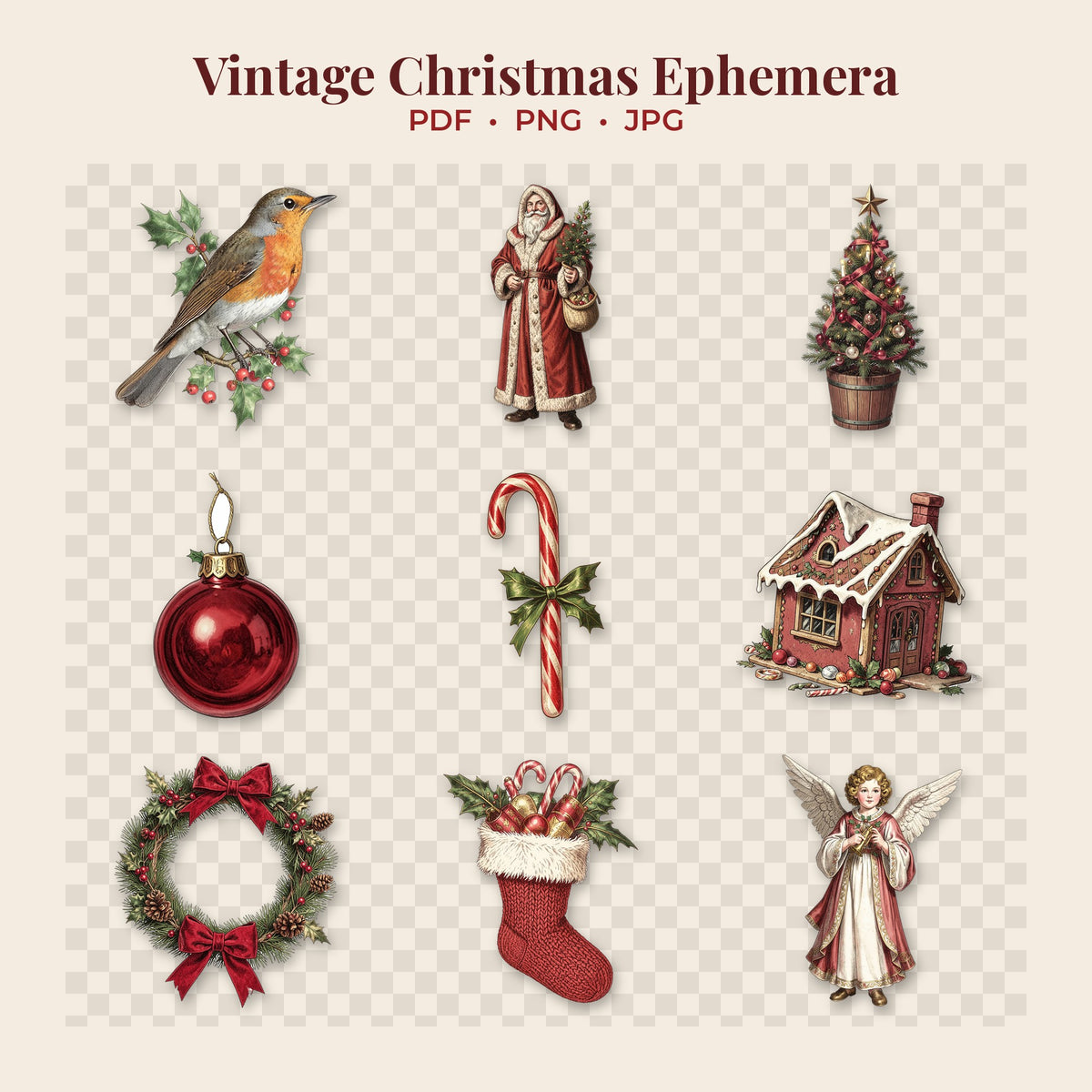 Vintage Christmas transparent PNG clipart pieces on a transparent background