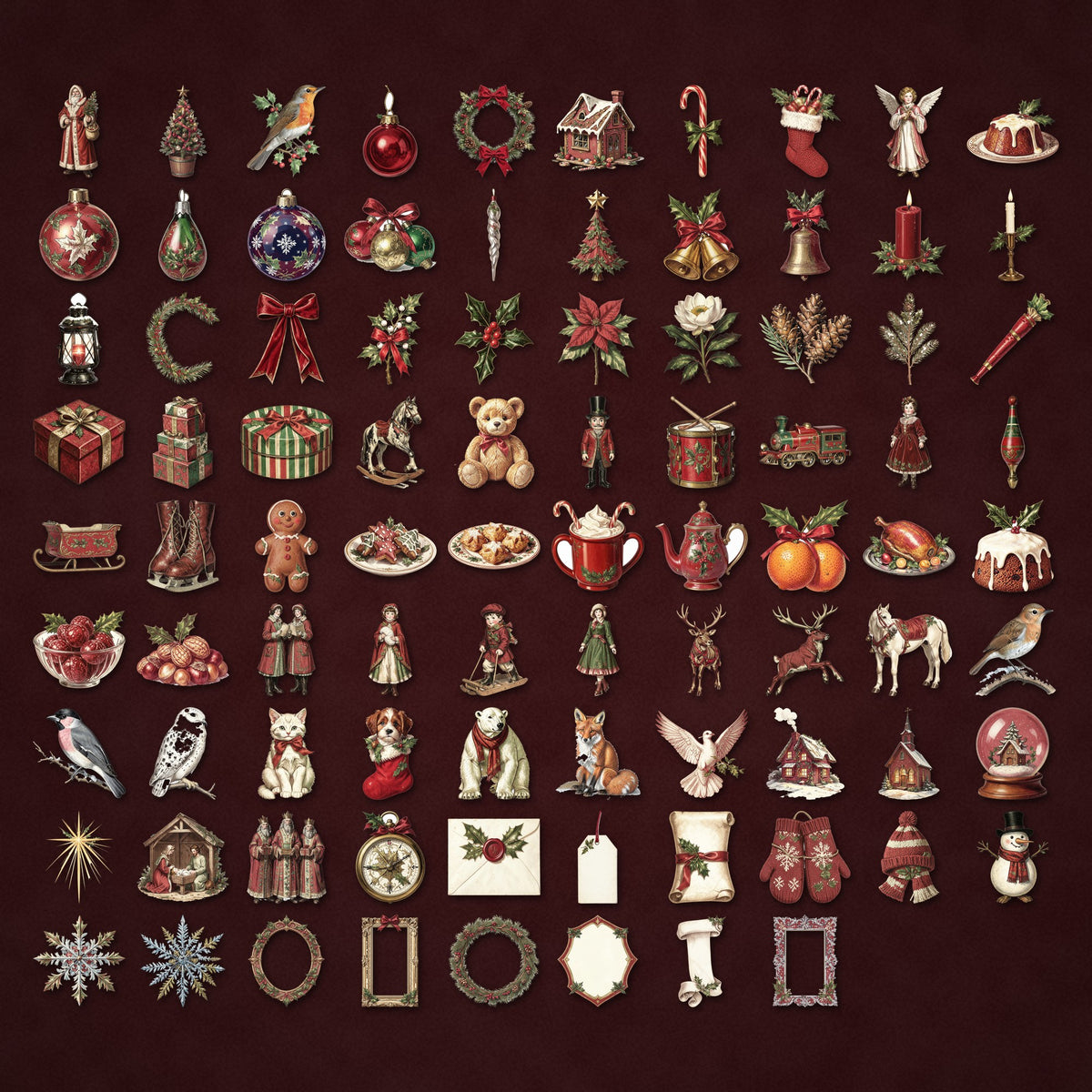 Grid of Vintage Christmas ephemera clipart pieces