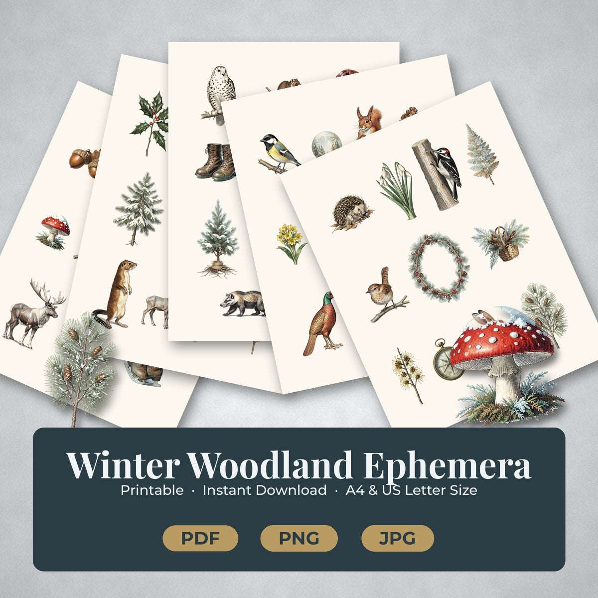 What's included in the Winter Woodland ephemera pack: printable sheets and cut-out woodland pieces