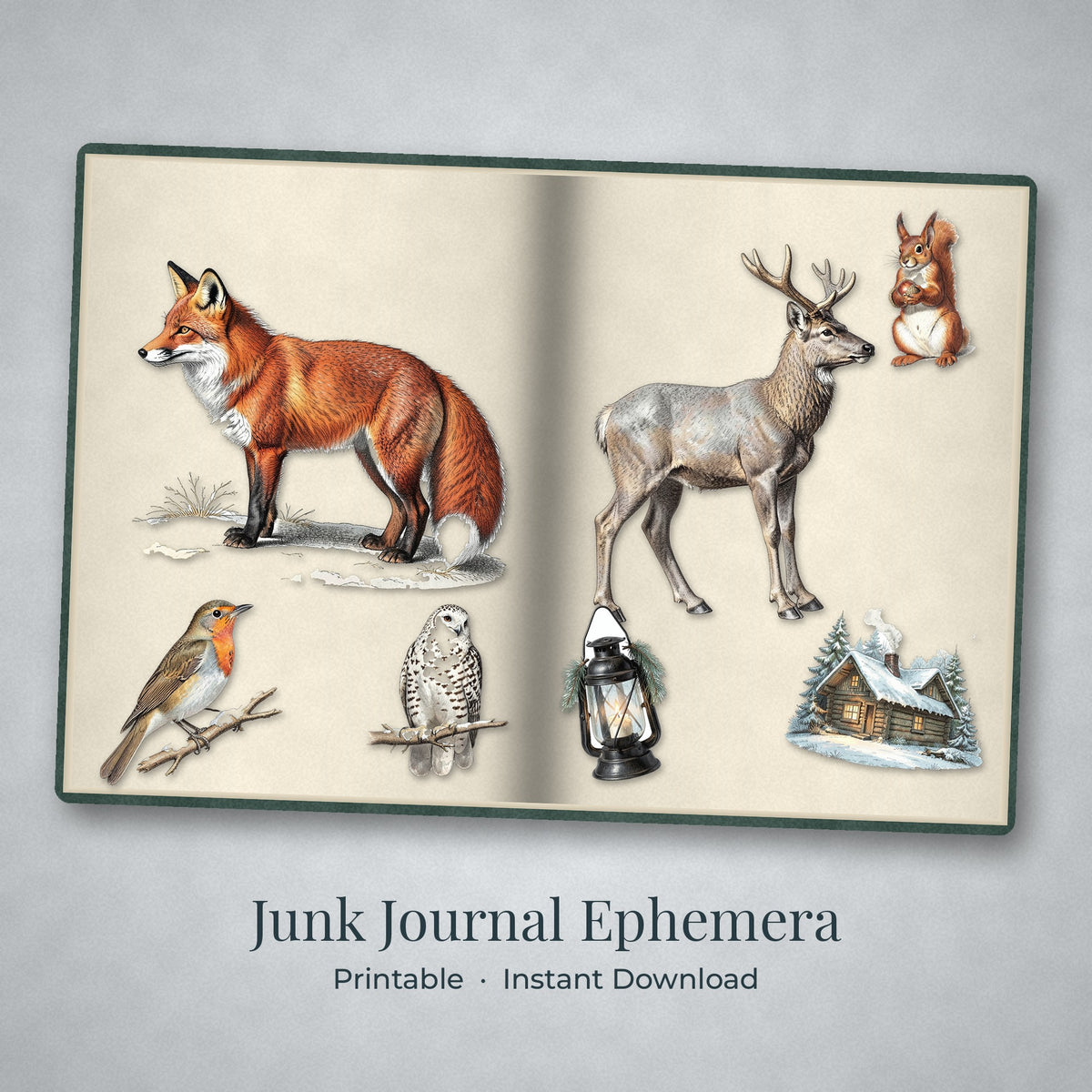 Winter Woodland ephemera pieces arranged on an open junk journal spread