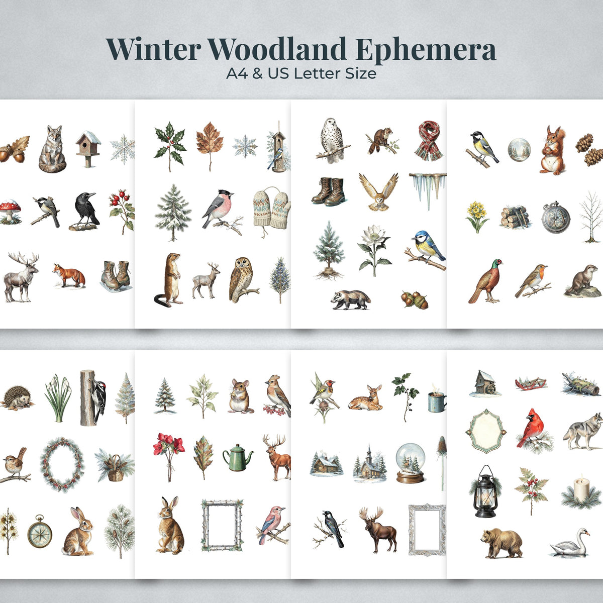 Overview of the Winter Woodland printable ephemera sheets