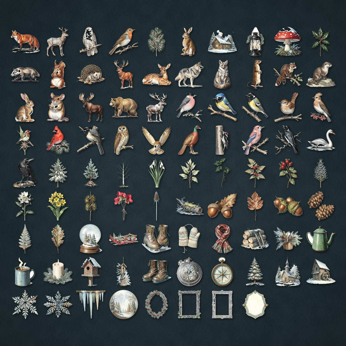 Grid of Winter Woodland ephemera clipart pieces