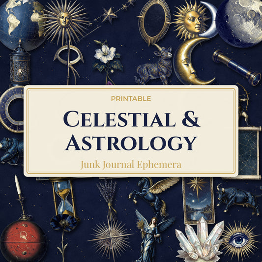 Celestial Astrology junk journal ephemera title image with zodiac, moon and sun pieces in midnight blue and gold