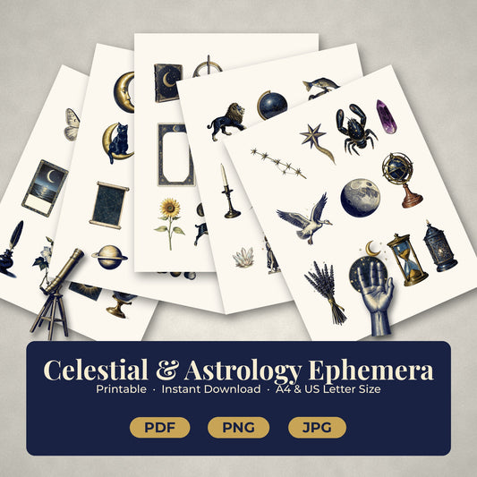 What's included in the Celestial Astrology ephemera pack: printable sheets and cut-out celestial pieces