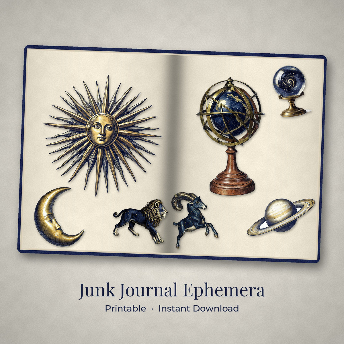 Celestial Astrology ephemera pieces arranged on an open junk journal spread