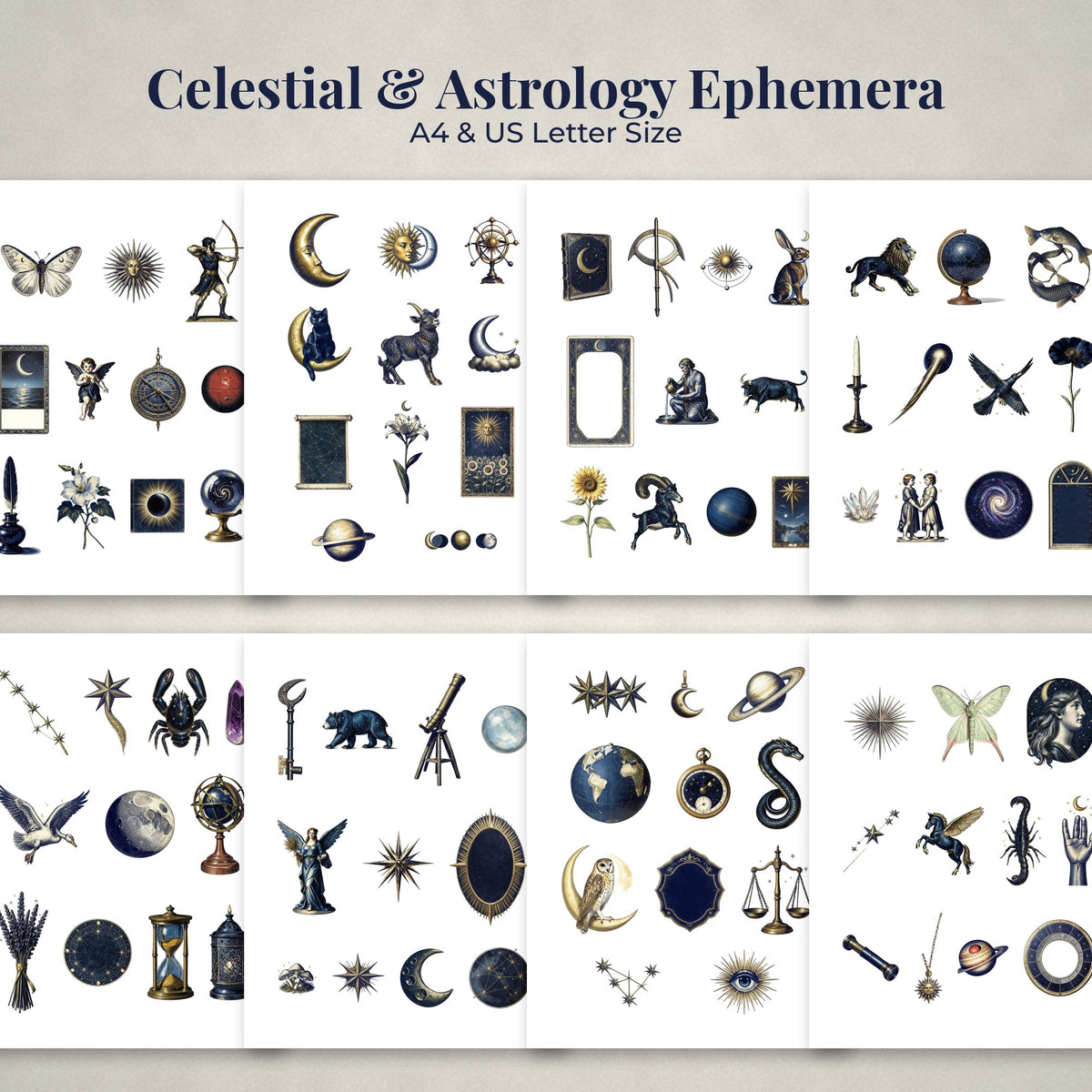 Overview of the Celestial Astrology printable ephemera sheets