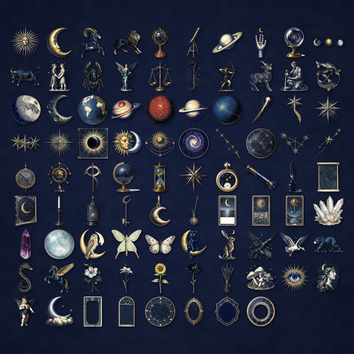 Grid of Celestial Astrology ephemera clipart pieces