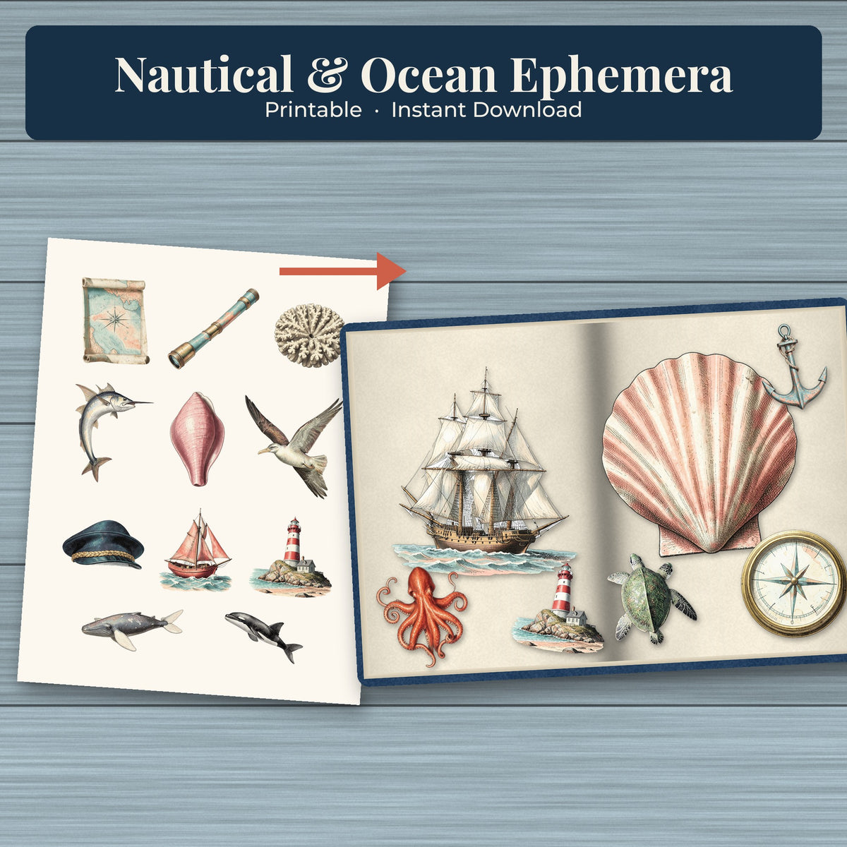 Nautical Ocean ephemera printable sheet next to a junk journal decorated with the cut-out ship, shell and sea creature pieces