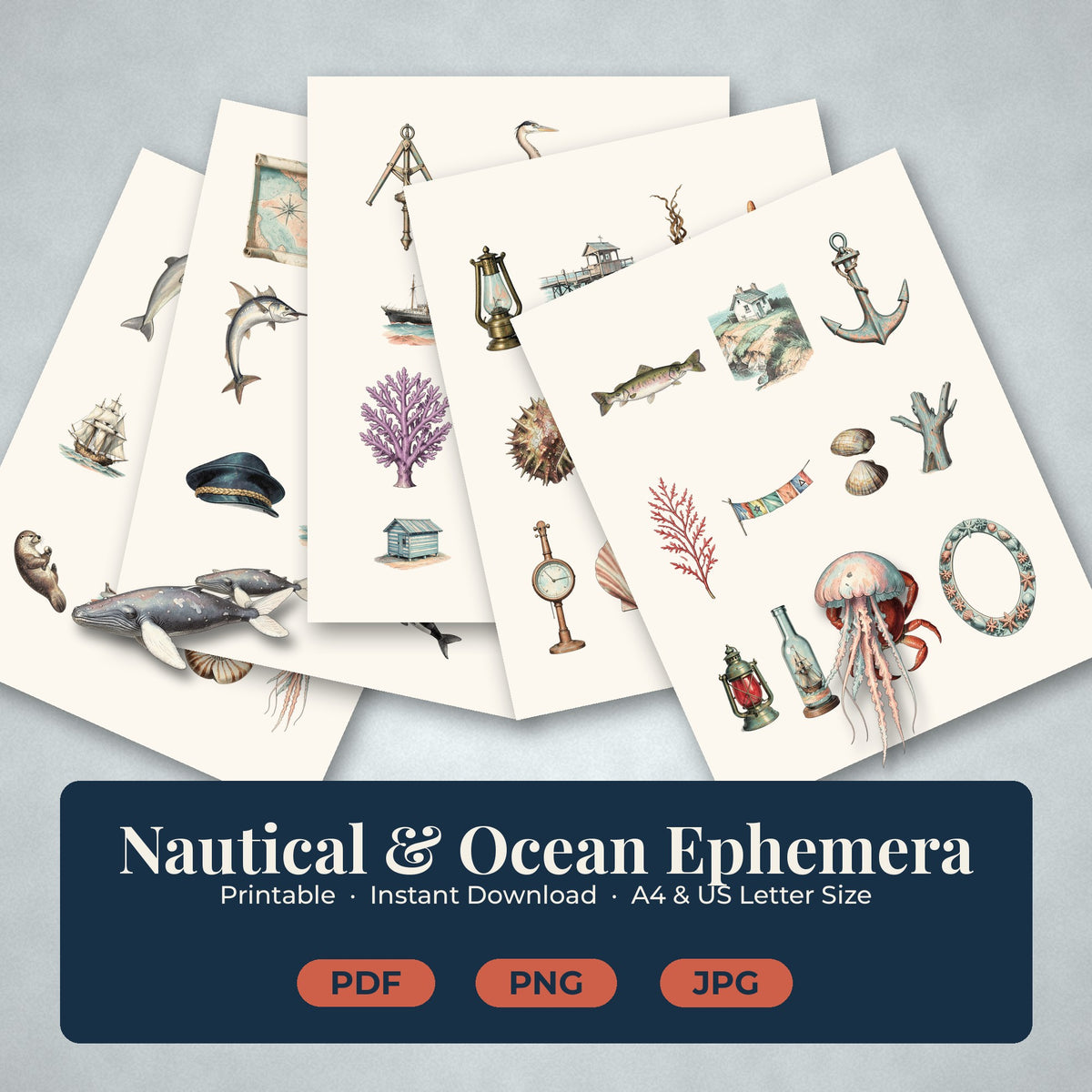 What's included in the Nautical Ocean ephemera pack: printable sheets and cut-out nautical pieces
