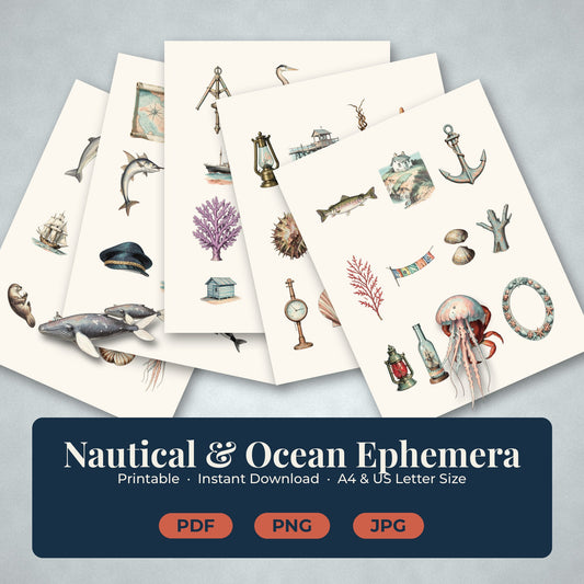 What's included in the Nautical Ocean ephemera pack: printable sheets and cut-out nautical pieces