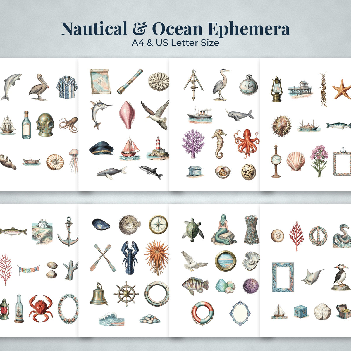 Overview of the Nautical Ocean printable ephemera sheets