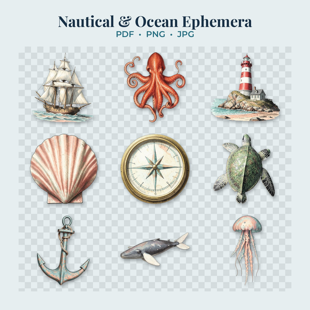 Nautical Ocean transparent PNG clipart pieces on a transparent background
