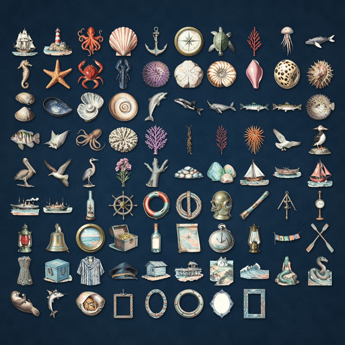 Grid of Nautical Ocean ephemera clipart pieces