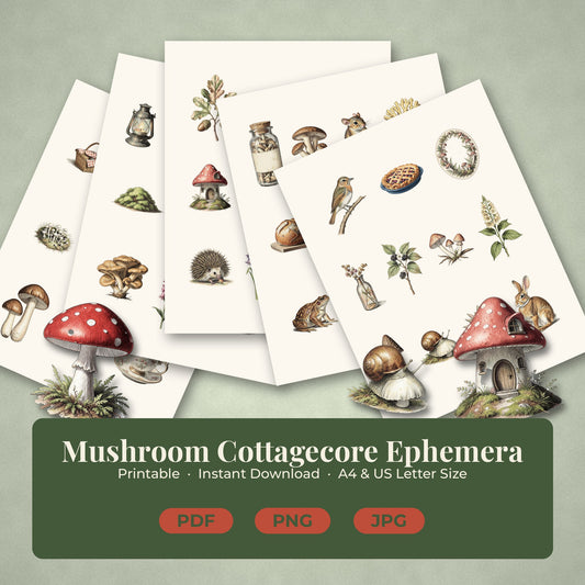 What's included in the Mushroom Cottagecore ephemera pack: fanned printable sheets and cut-out toadstool pieces