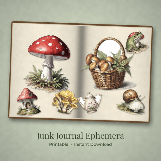 Mushroom Cottagecore ephemera pieces arranged on an open junk journal spread