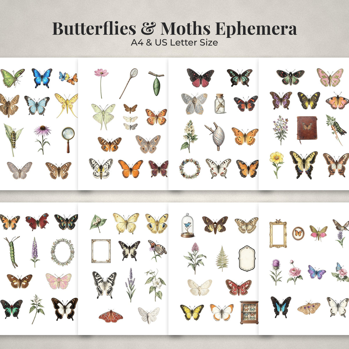 Overview of the Butterflies and Moths printable ephemera sheets