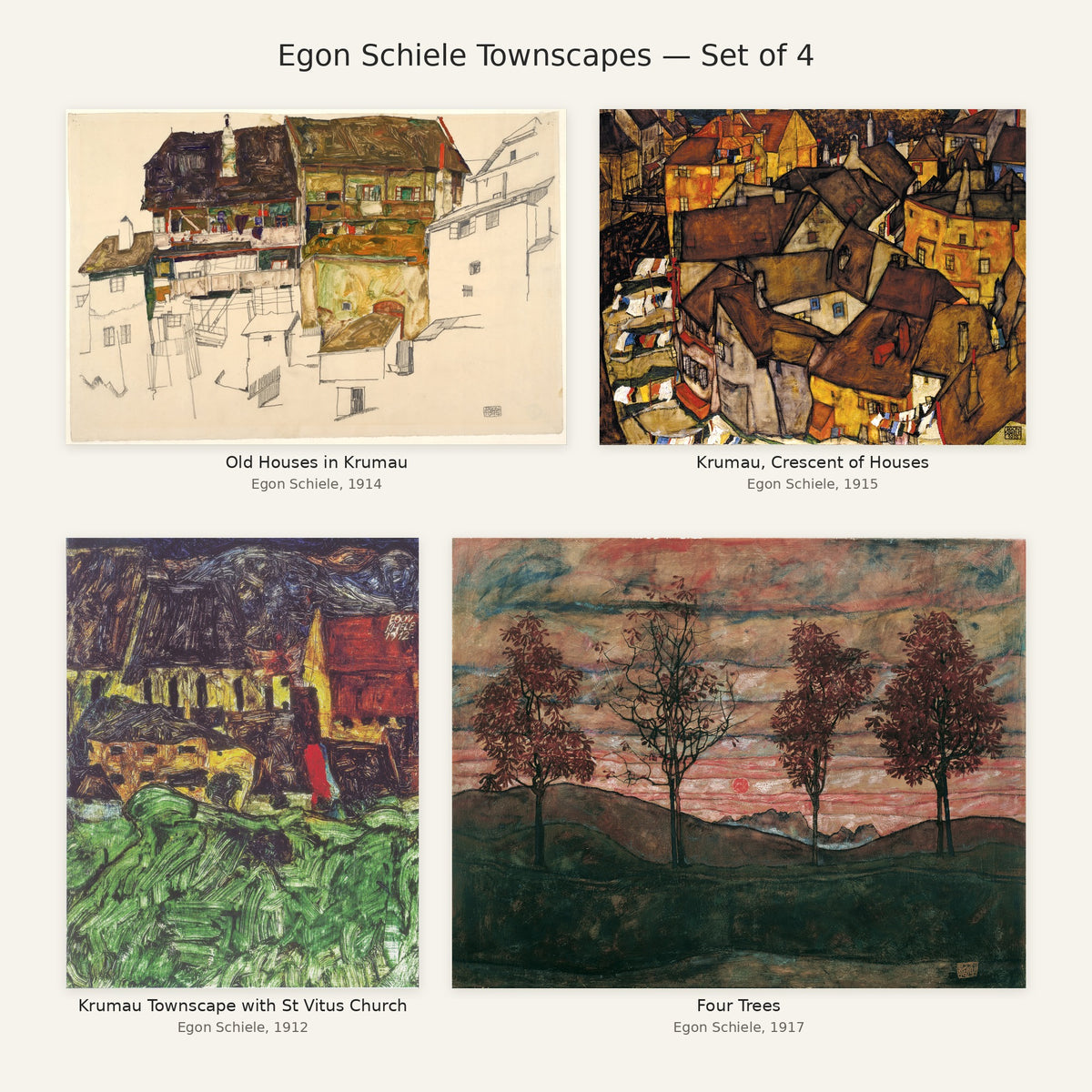 Egon Schiele Townscapes Gallery Wall Set of 4 — all paintings in the set