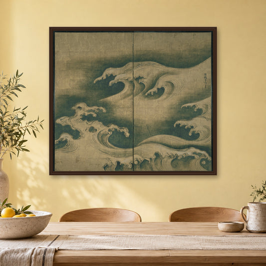 Rough Waves by Ogata Kōrin — walnut frame, kitchen dining wall mockup