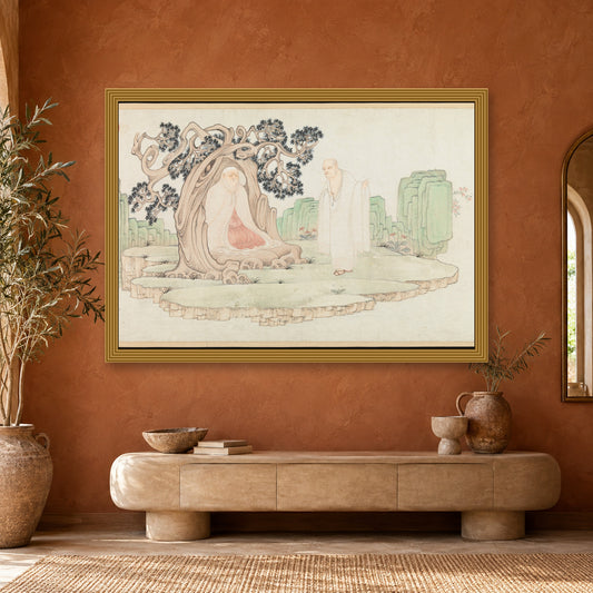 The Sixteen Luohans by Wu Bin — ornate gold frame, terracotta room with arched mirror mockup