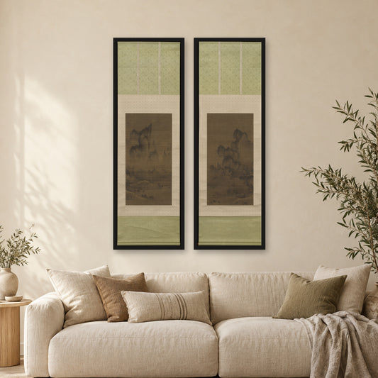 Evening bell from mist-shrouded temple (left); Autumn moon over Lake Dongting (right) by An Gyeon — paired black frames, Scandi Japandi living room mockup
