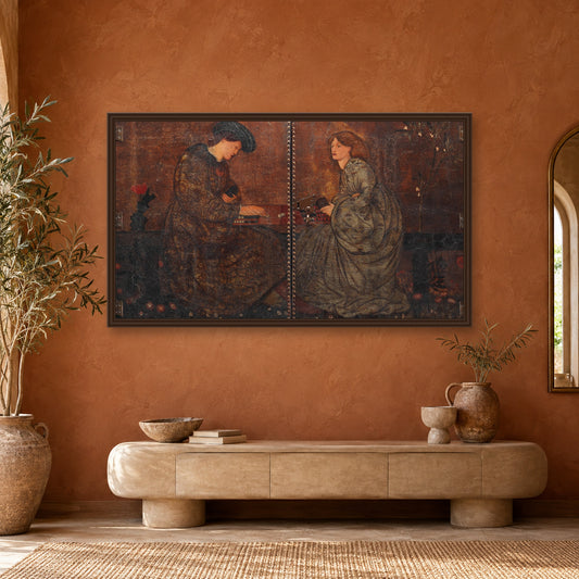 The Backgammon Players by Philip Webb — walnut frame in a terracotta room with arched mirror