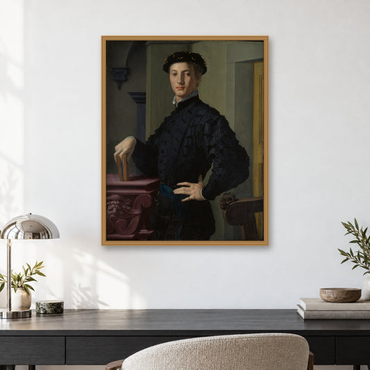 Portrait of a Young Man by Bronzino (Agnolo di Cosimo di Mariano) — oak frame, minimalist office desk mockup
