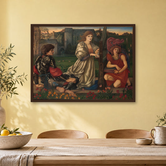 The Love Song by Sir Edward Burne-Jones — walnut frame, kitchen dining wall mockup