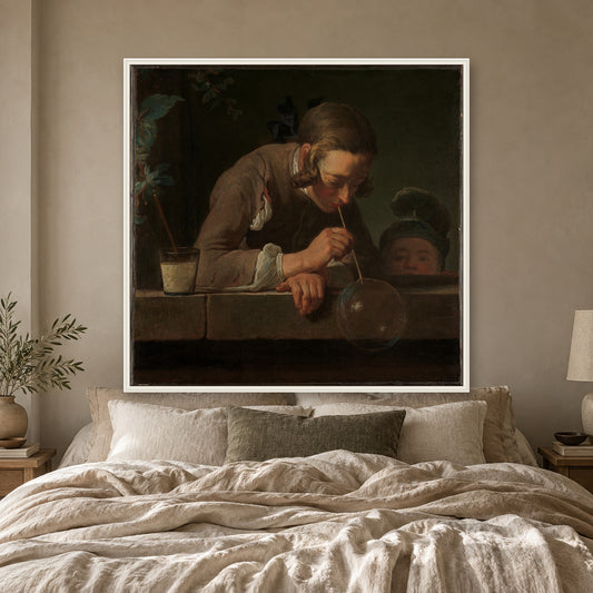 Soap Bubbles by Jean Siméon Chardin — white frame, bedroom mockup