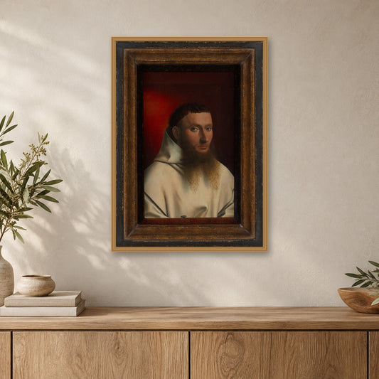 Portrait of a Carthusian by Petrus Christus — oak frame, close-up with props mockup