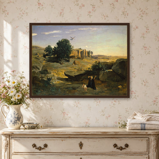 Hagar in the Wilderness by Camille Corot — walnut frame, romantic cottage interior mockup